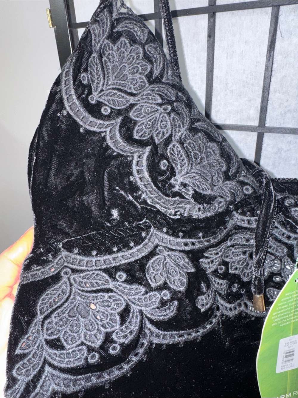 FARM Rio Black Richelieu Velvet Slip Midi Dress Lace Trim Spaghetti Strap Size L - Picture 12 of 16